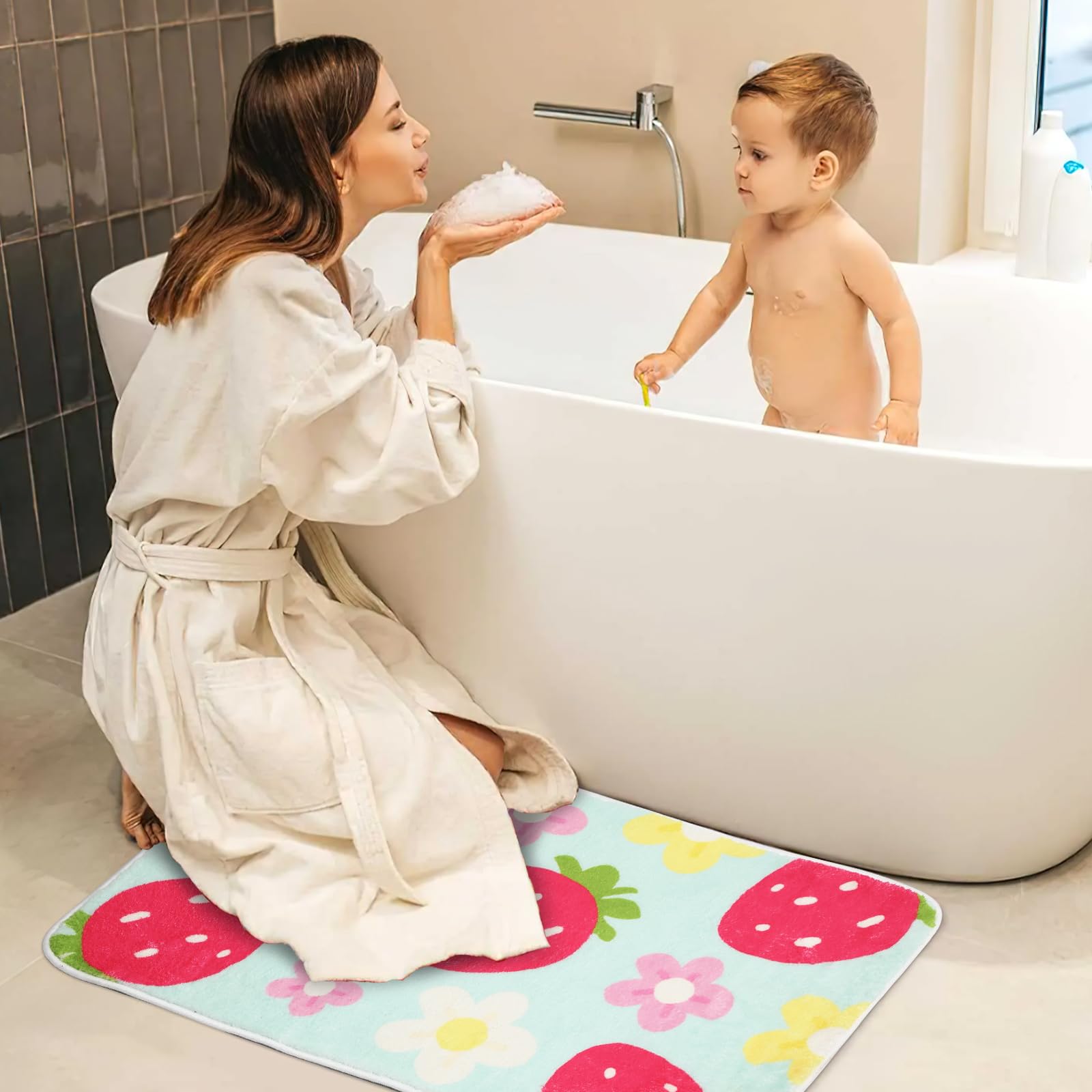 Cute Strawberry Flower Bath Mat, Green Bathroom Rugs Bathroom Accessories, Funny Colorful Non Slip Floor Bath Rug Machine Washable Absorbent Door Mats Tub Shower Bath Rug For Girls Clearance