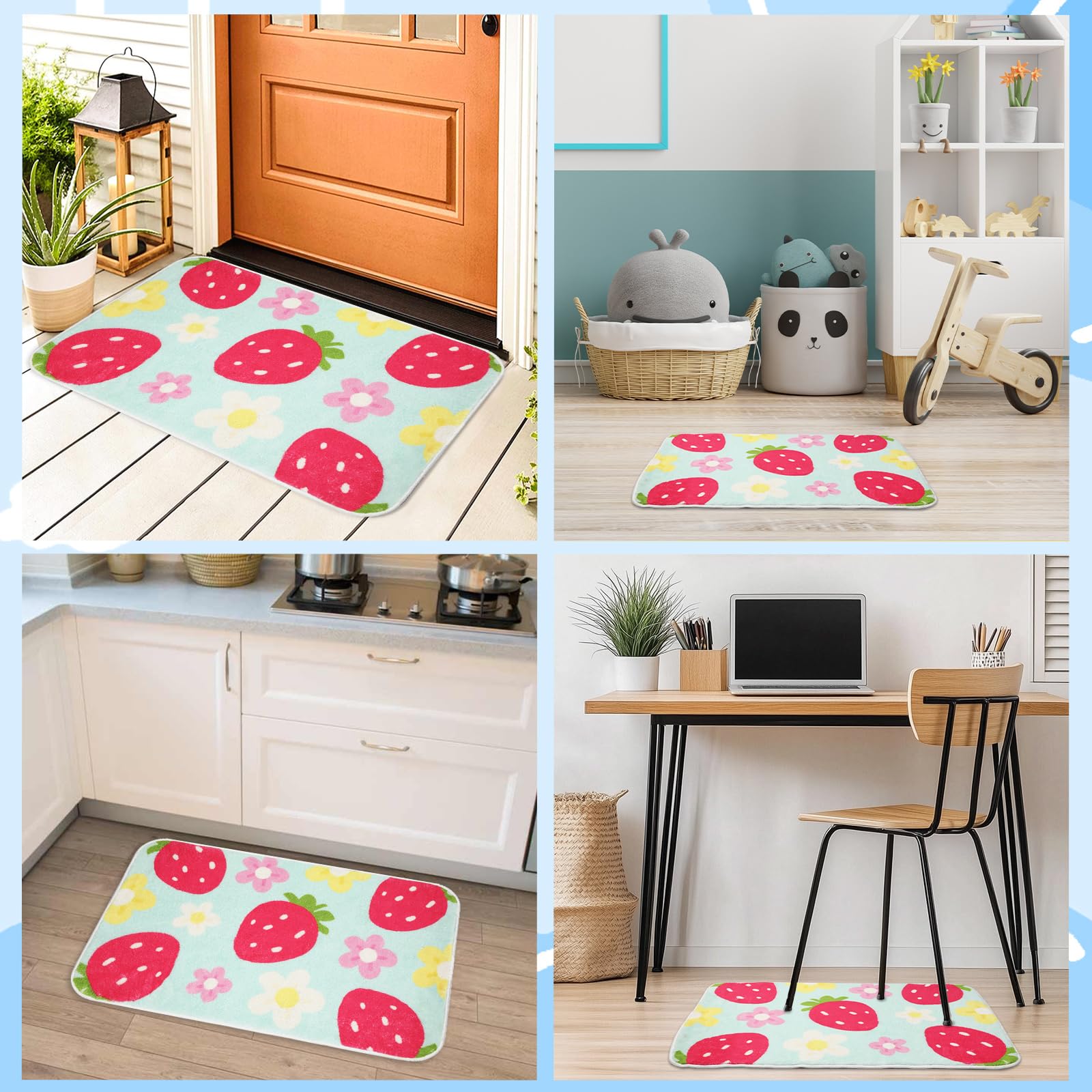 Cute Strawberry Flower Bath Mat, Green Bathroom Rugs Bathroom Accessories, Funny Colorful Non Slip Floor Bath Rug Machine Washable Absorbent Door Mats Tub Shower Bath Rug For Girls Clearance